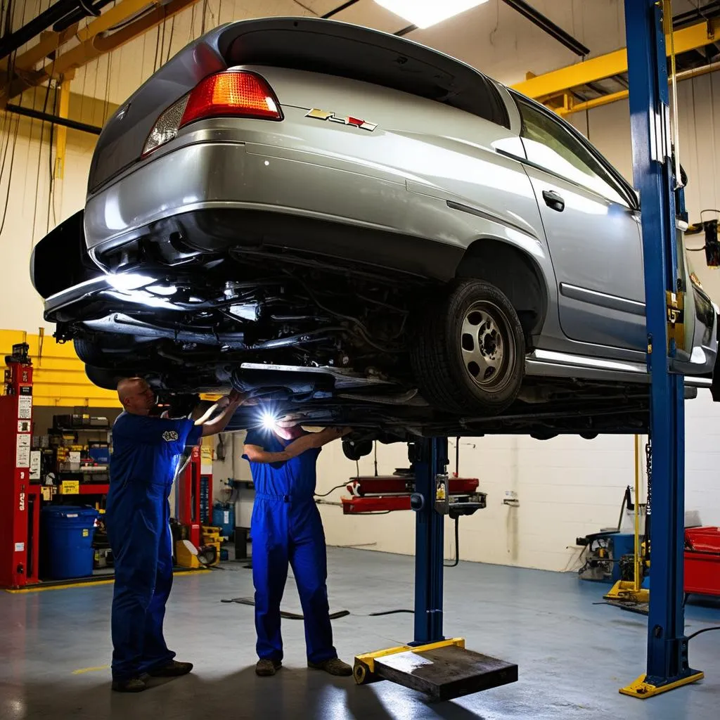 Mechanic inspecting car on lift